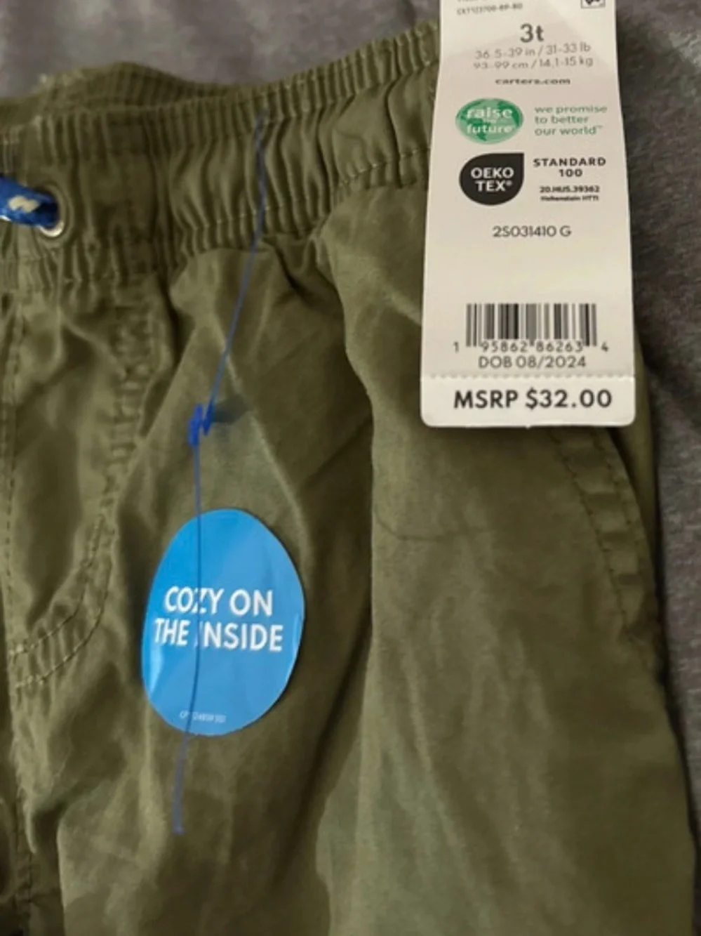 Carter's Olive Green Elastic Waist Joggers with Drawstring